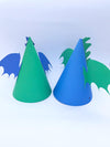 Blue and green dragon birthday party hat