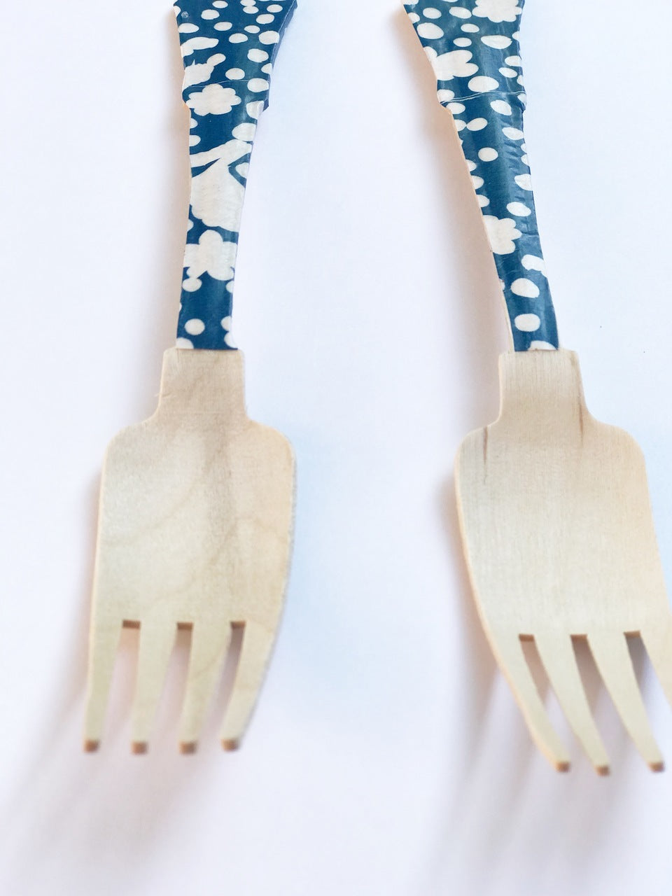 wooden forks with blue flower print just for garden party