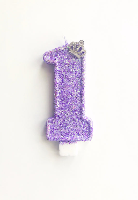 Large princess birthday candle with lavender glitter and tiara