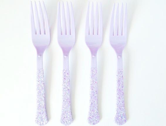 lavender glitter plastic forks