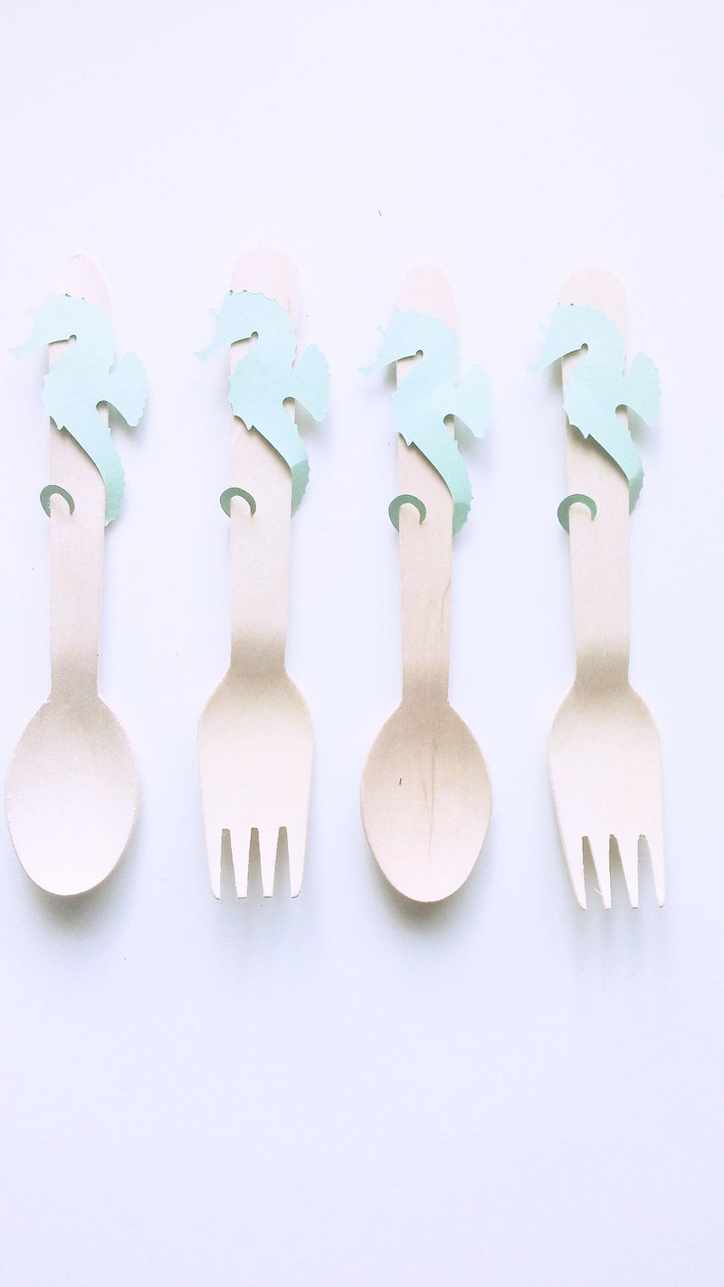 Wooden spoon and fork set with seahorse details. Perfect for a mermaid or under the sea party