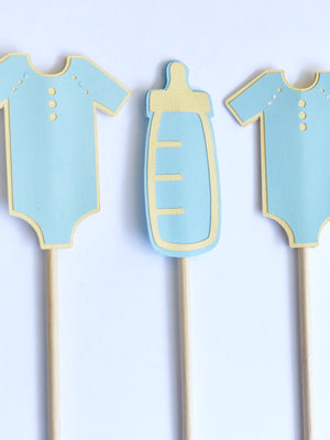 baby shower cupcake toppers in baby bottle and onsie designs