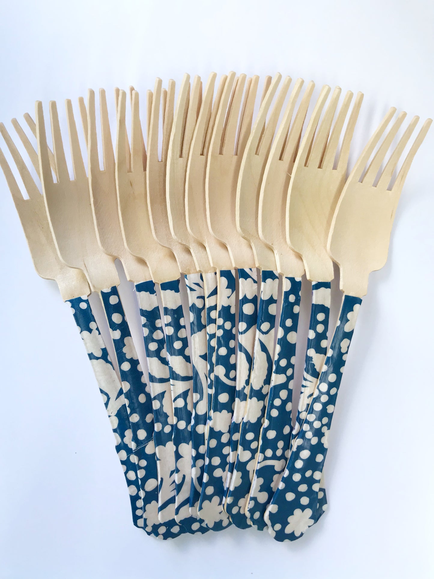 wooden printed flower print blue fork