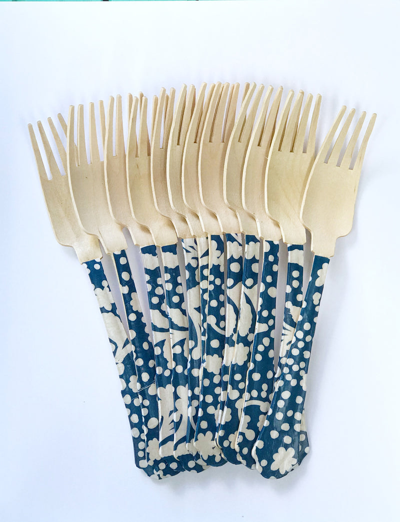 wooden printed flower print blue fork