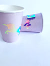 purple paper cups, unicorn party