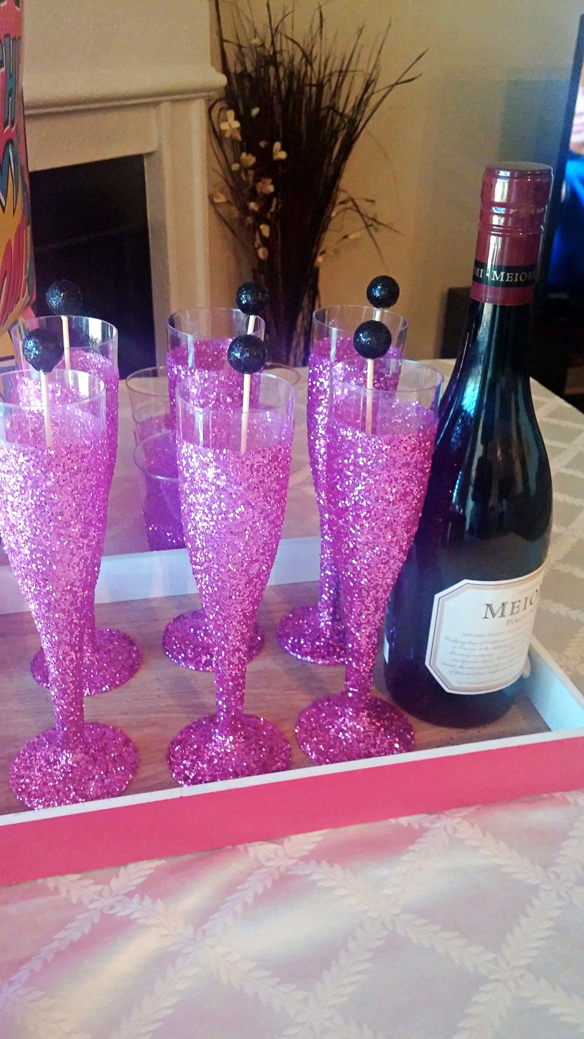 Dark Pink Glitter Champagne Flutes