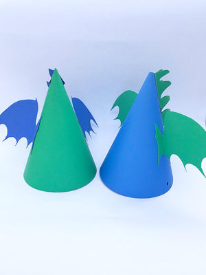 Blue and green dragon birthday party hat