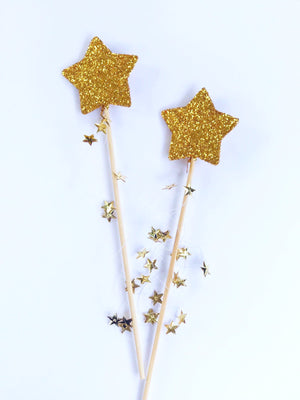 Gold glitter star fairy wands with gold star dangles
