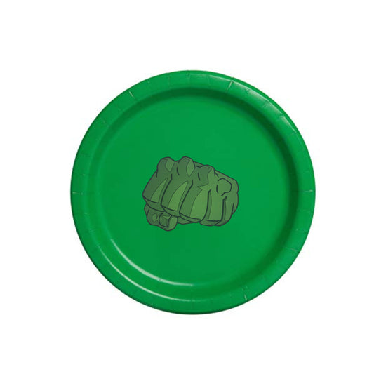 green superhero plates, incredible hulk party, superhero party plates