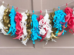 Red, White, metallic gold and blue paper tassel garland
