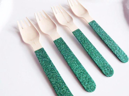 green glitter wooden forks