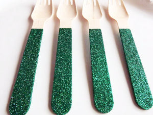Green glitter wooden forks