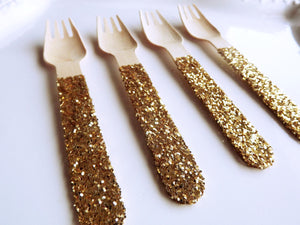 gold glitter wooden forks for parties