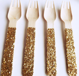 gold glitter wooden forks