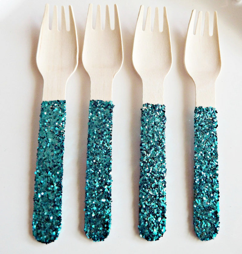 teal glitter wooden forks
