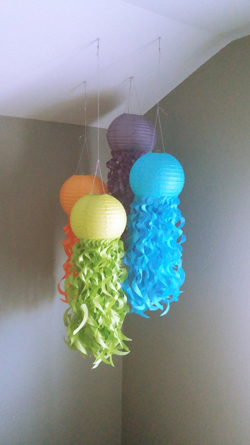 orange paper lantern, purple paper lantern, turquoise paper lanterns, green paper lanterns