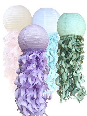 Jellyfish paper lanterns. Blush lanterns, soft lavender lanterns, blue haze lantern, tapestry lantern