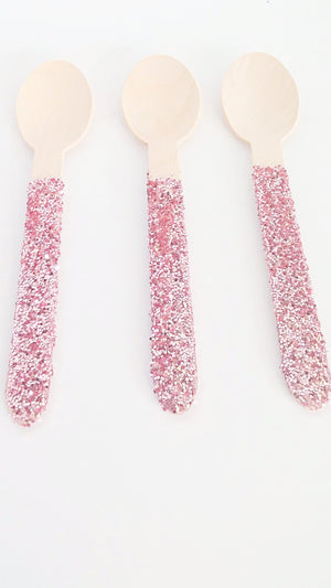 pink glitter spoons, wooden spoons, biodegradable wooden spoons for parties