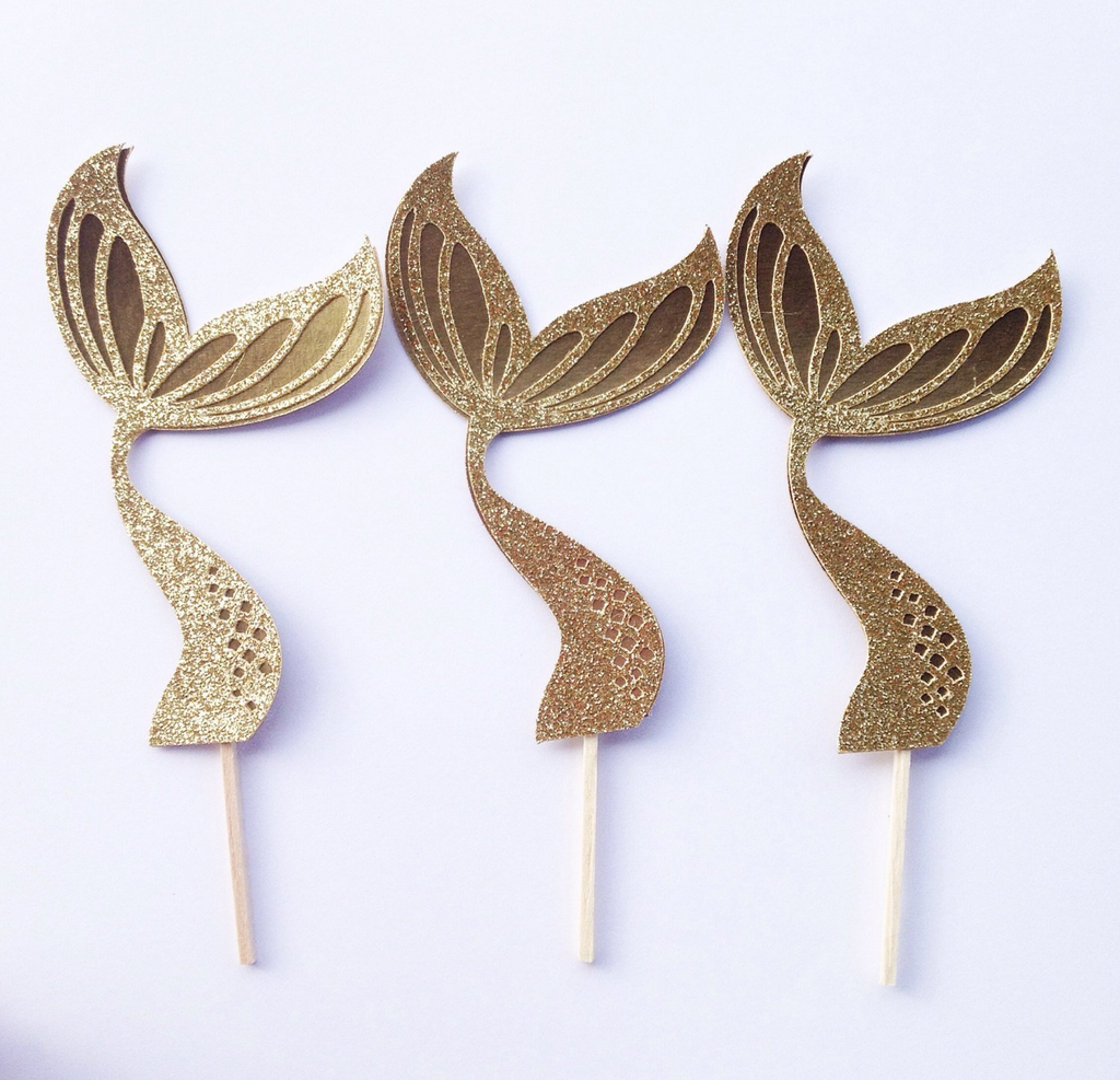 Gold glitter mermaid tail picks for cupcakes