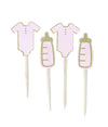 Pink and gold glitter baby bottle and onsie cupcake topper picks
