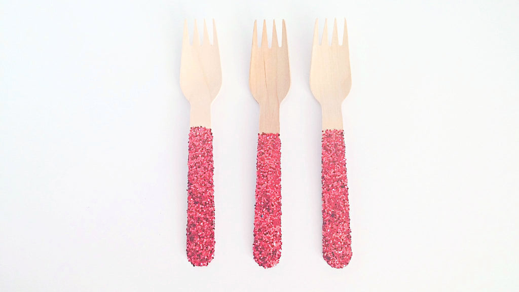 Red glitter wooden forks