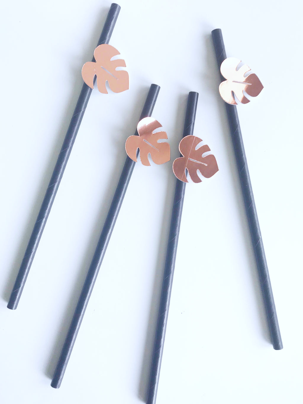 safari party black paper straws with rose gold palm leaf