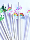 white paper drinking straws for a unicorn and dragon themed birthday party