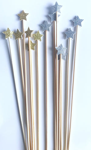 silver and gold glitter star cake toppers