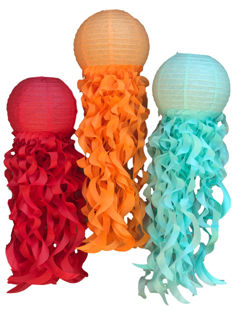 Red, orange and aqua jellyfish paper lanterns